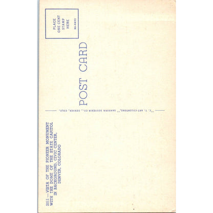 Vista of the Pioneer Monument & Capitol Denver Colorado Original Postcard TK1-28