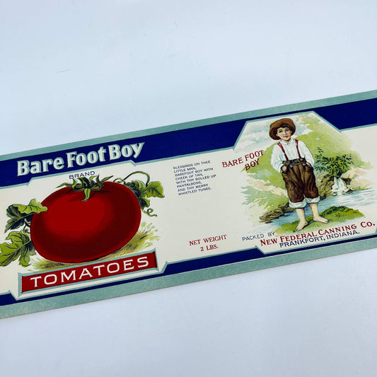 1920s Barefoot Boy Canned Tomatoes Label Federal Canning Frankfort IN FL3