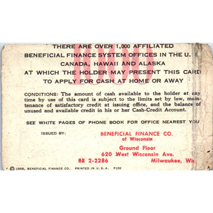 1958 Beneficial Finance System Cash Credit Account Card Milwaukee Obsolete SE5