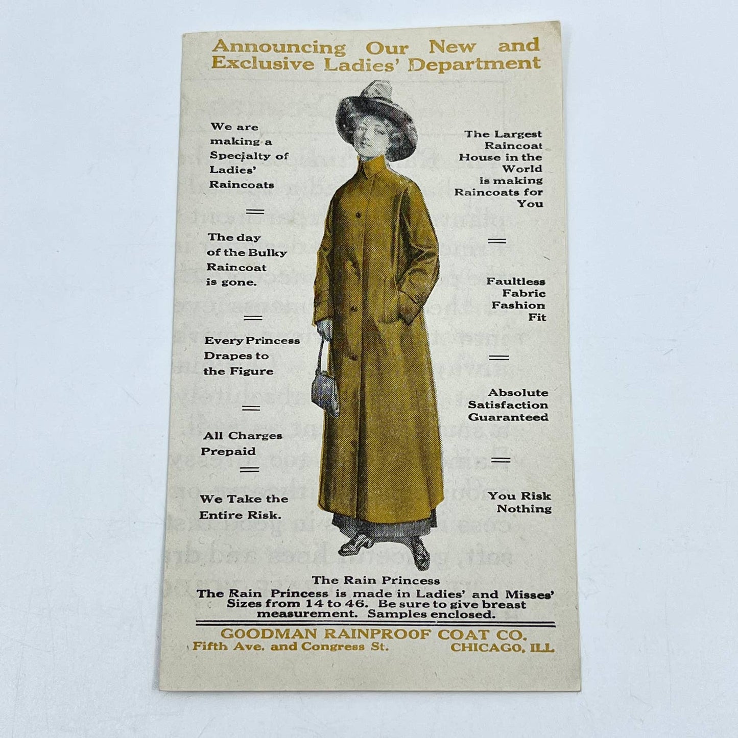 1912 Advertisement Leaflet Goodman Rainproof Coat Co. Ladies Dept Chicago IL SC5