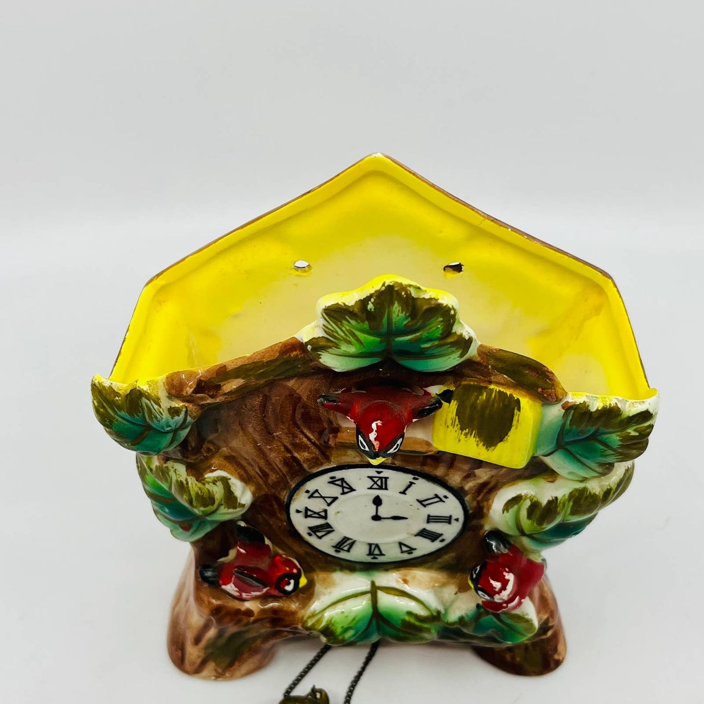 1960s Ceramic Bird House Cardinals Cuckoo Clock Wall Pocket Planter  7 x 6” TC8