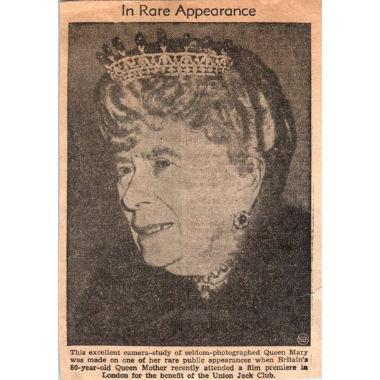 Vintage Clipped Newspaper Photo 80 Year Old Queen Mary Spotted in London SF2