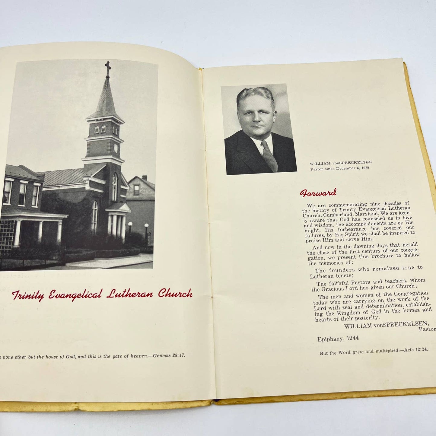 1944 Trinity Evangelical Lutheran Church 90th Anny Program Cumberland MD TE3