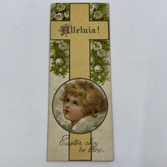 c1900 Victorian Easter Card Bookmark Alleluia Dresden Cherub Lilies AC2