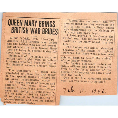 1946 Newspaper Clipping - WWII Queen Mary Brings British War Brides EA3