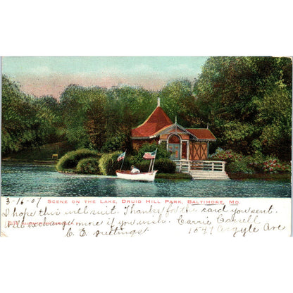 Scene on the Lake Druid Hill Park Baltimore MD 1907 Original Postcard TK1-28