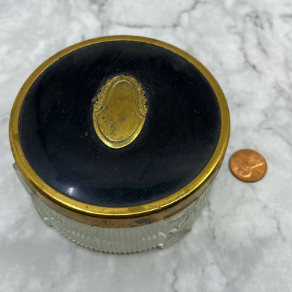 Vintage Art Deco Vanity Jar w/ Brass Embossed Lid w/ Patina 3.5" TE4