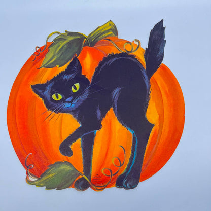 1970s Hallmark Die Cut Halloween Decoration 10” Black Cat Jack-O-Lantern FL3