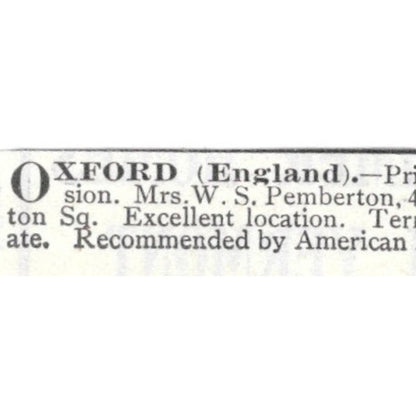 Oxford England Private Pension Mrs. W.S. Pemberton - 1903 Original Ad AK5-S34