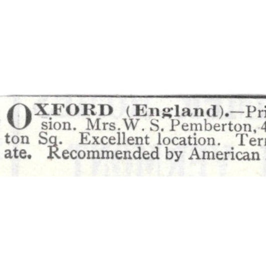 Oxford England Private Pension Mrs. W.S. Pemberton - 1903 Original Ad AK5-S34