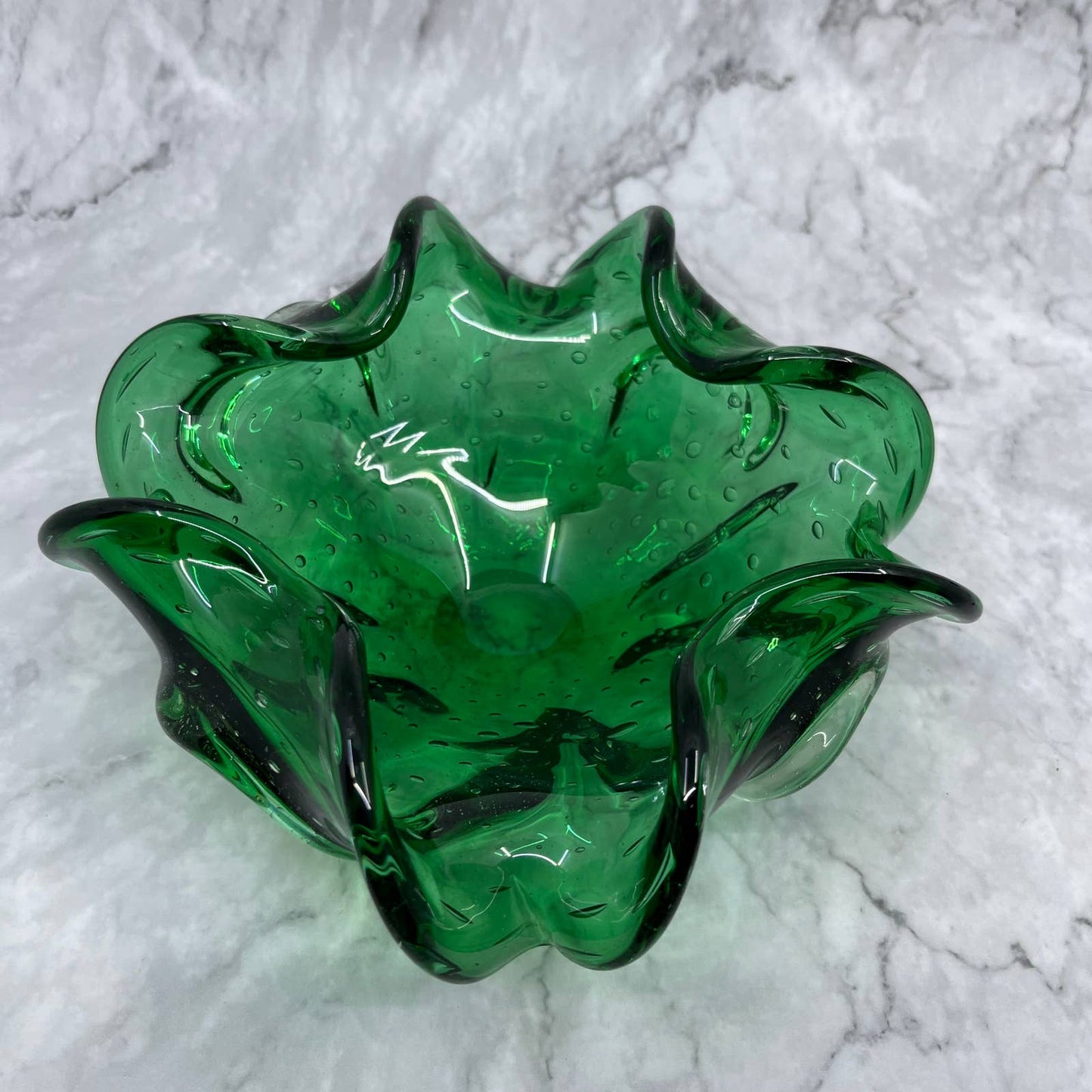 Vintage Emerald Green Swirly Murano Art Glass Bowl Heavy Glass 7" TA2
