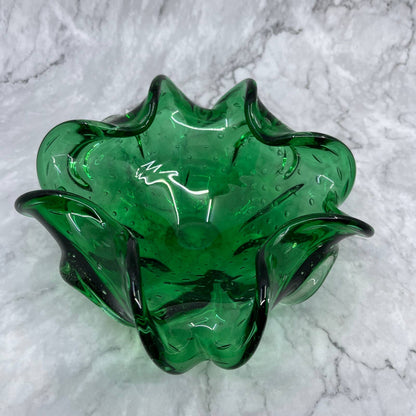 Vintage Emerald Green Swirly Murano Art Glass Bowl Heavy Glass 7" TA2