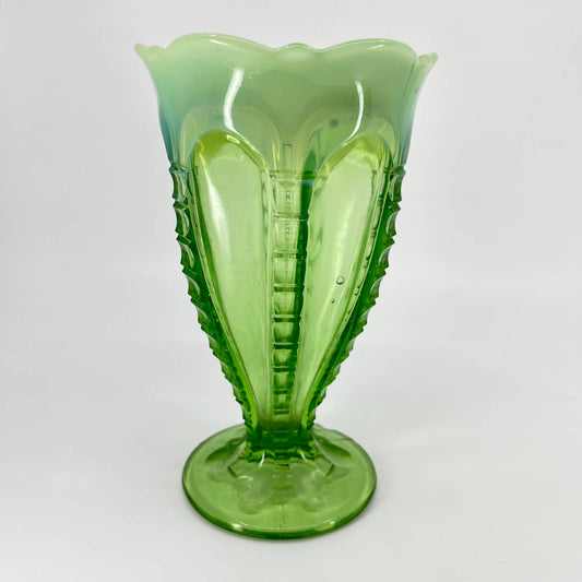 Antique 1908 EAPG Jefferson Glass Opalescent Vaseline Green Zipper & Loop 7" TD8