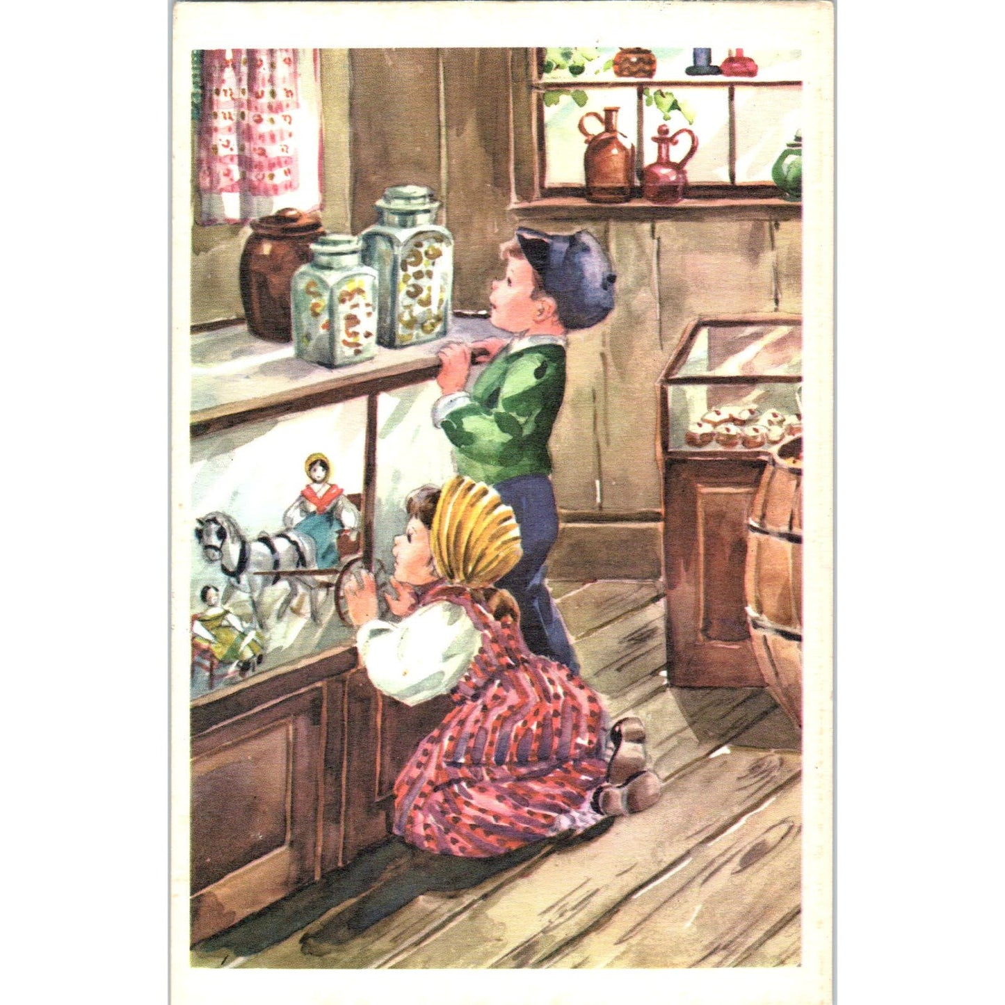 Vintage Illustration Christmas Children at Candy Store Original Postcard PB8
