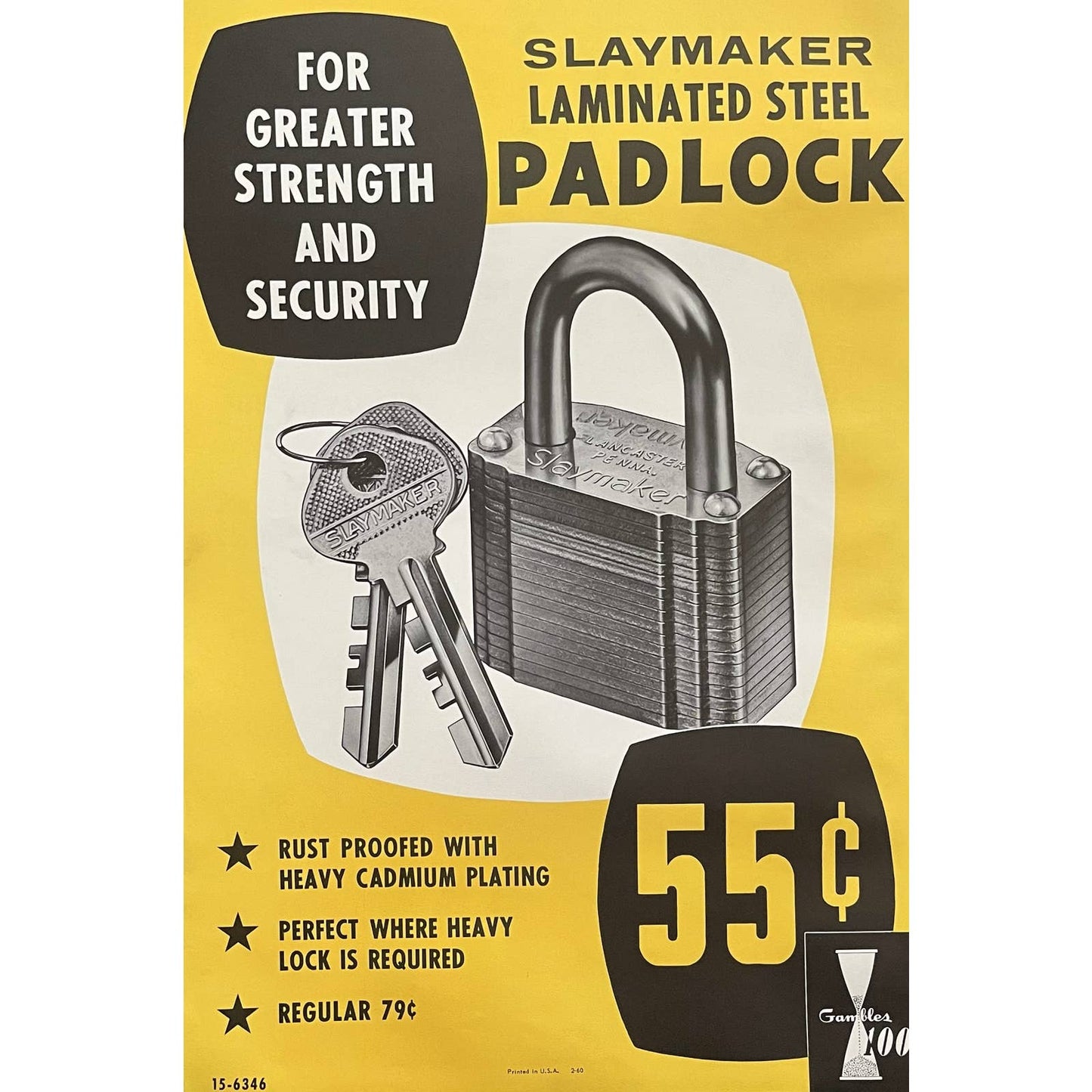 1960 Slaymaker Padlock Gambles 100 Store Display Advertising Poster 13.5x20