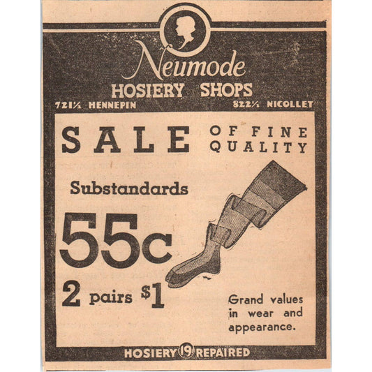 1935 Mpls Journal Newspaper Ad Neumode Hosiery Shops Nicollet Hennepin FL5-3