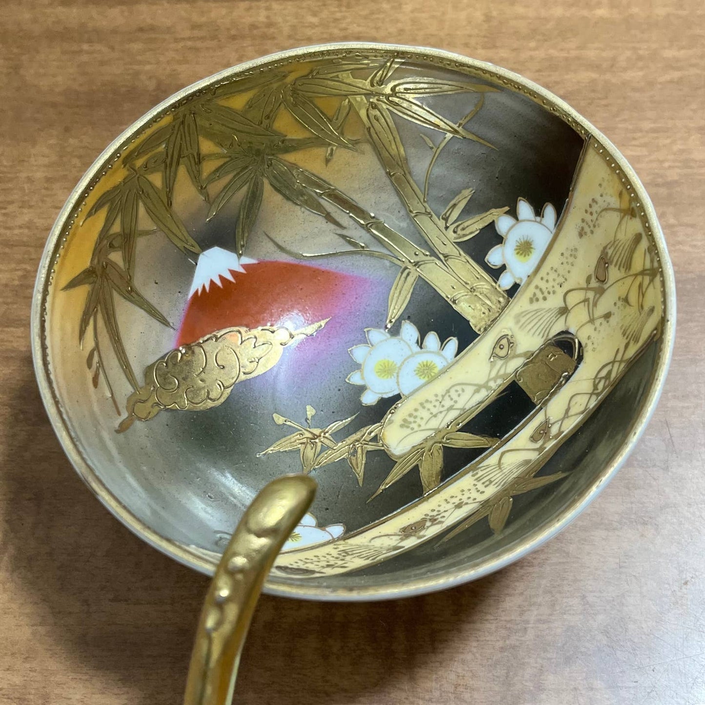 1950s Japanese Moriage Mt Fuji Hand Painted Footed Bowl & Mayonnaise Spoon TB7