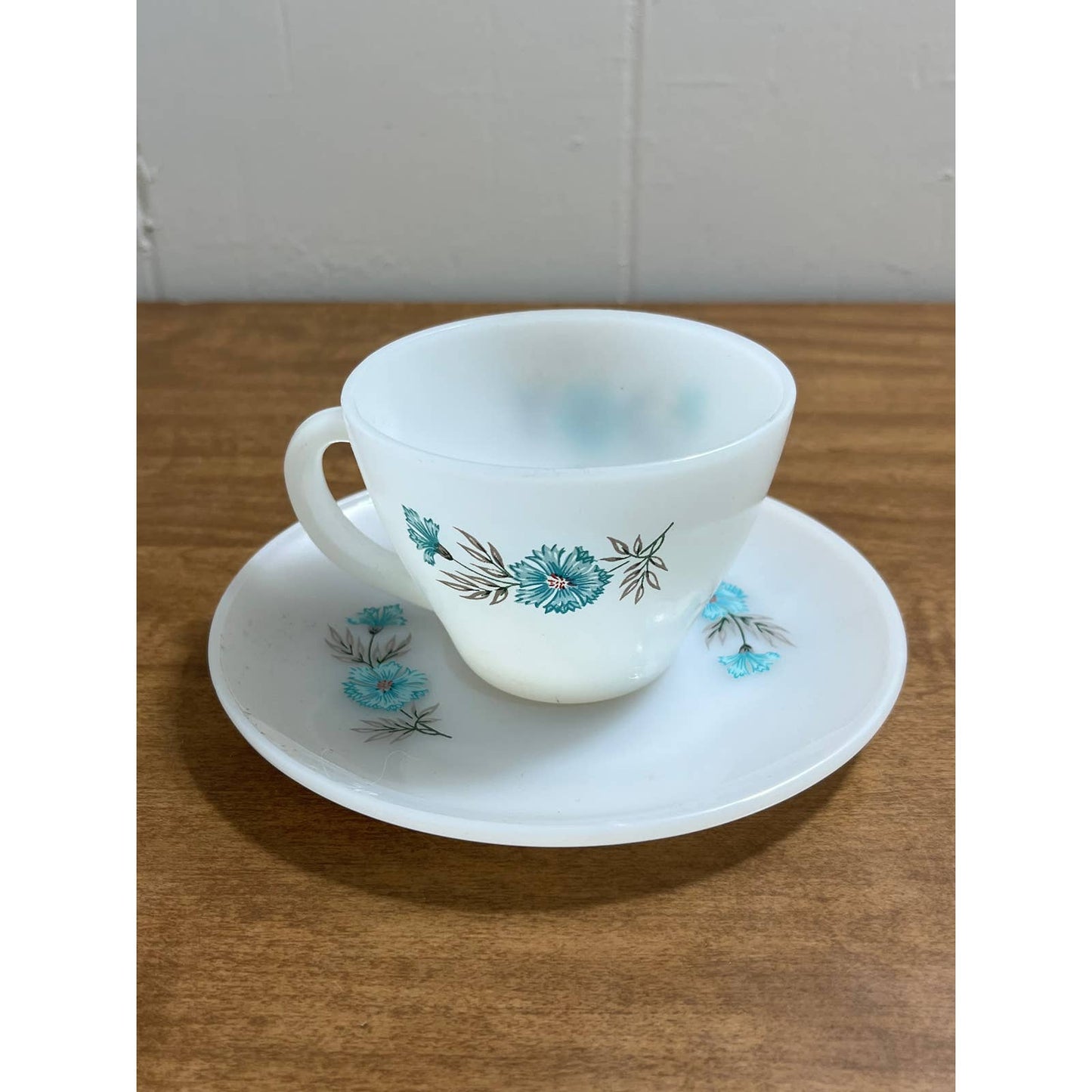 1950s MCM Atomic Fire King Anchor Teacup Saucer Bonnie Blue Carnation TG8