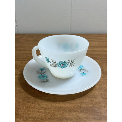 1950s MCM Atomic Fire King Anchor Teacup Saucer Bonnie Blue Carnation TG8