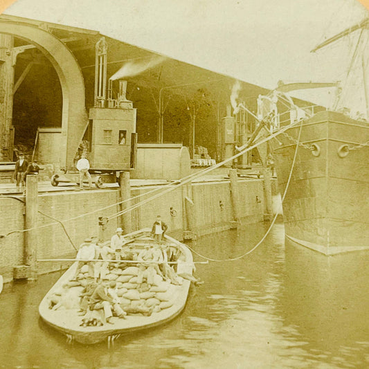 1880s Stereoview Card Docks in HAMBURG GERMANY Fishing Boat Steamship 3614