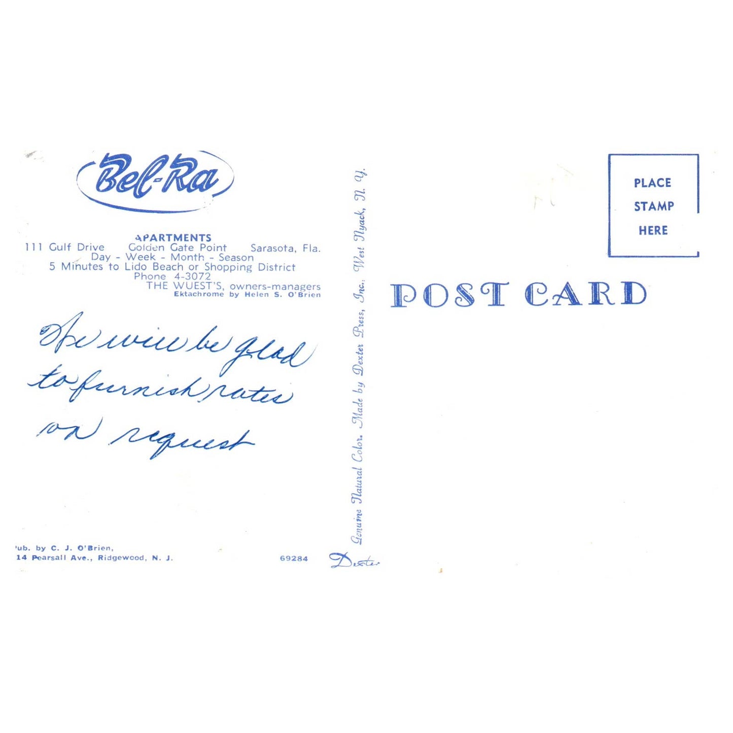 Vintage Postcard - Bel-Ra Apartments Golden Gate Point Sarasota Florida AD9