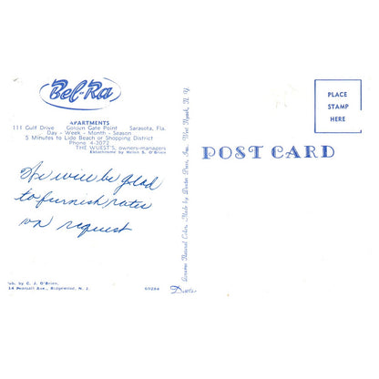 Vintage Postcard - Bel-Ra Apartments Golden Gate Point Sarasota Florida AD9