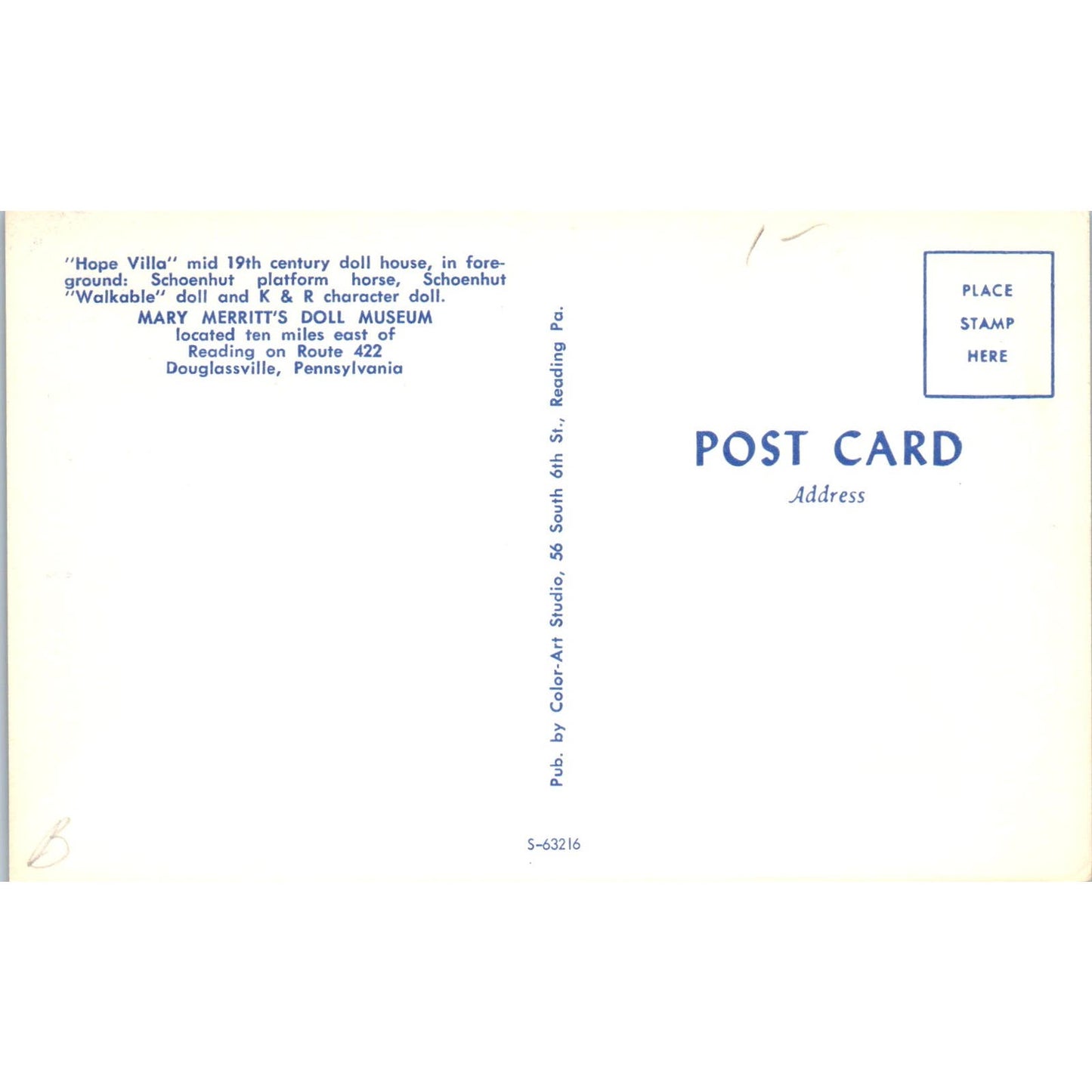 Hope Villa Doll House Schoenhut Horse and Walkable Doll Original Postcard PB8