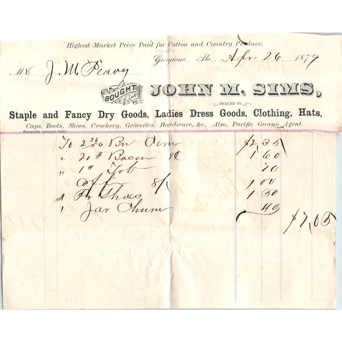 1879 Letterhead Billhead John M. Sims Dry Goods Georgiana AL AD6