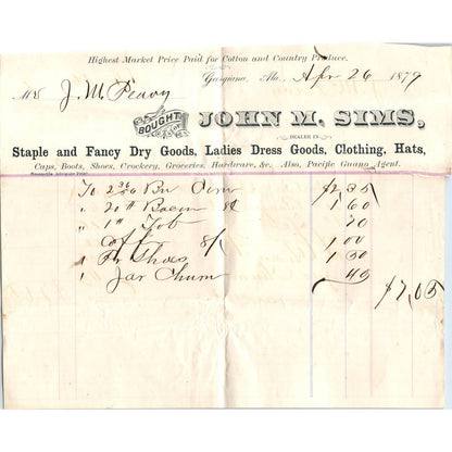 1879 Letterhead Billhead John M. Sims Dry Goods Georgiana AL AD6