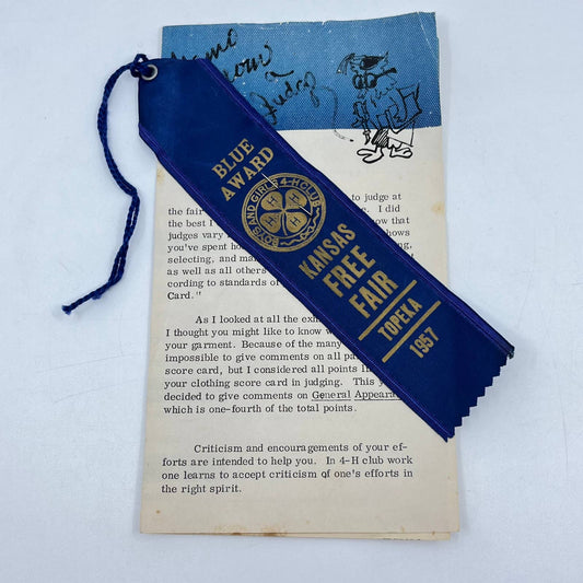 1957 4H Kansas Free Fair Blue Ribbon and Judging Leaflet Topeka AB2