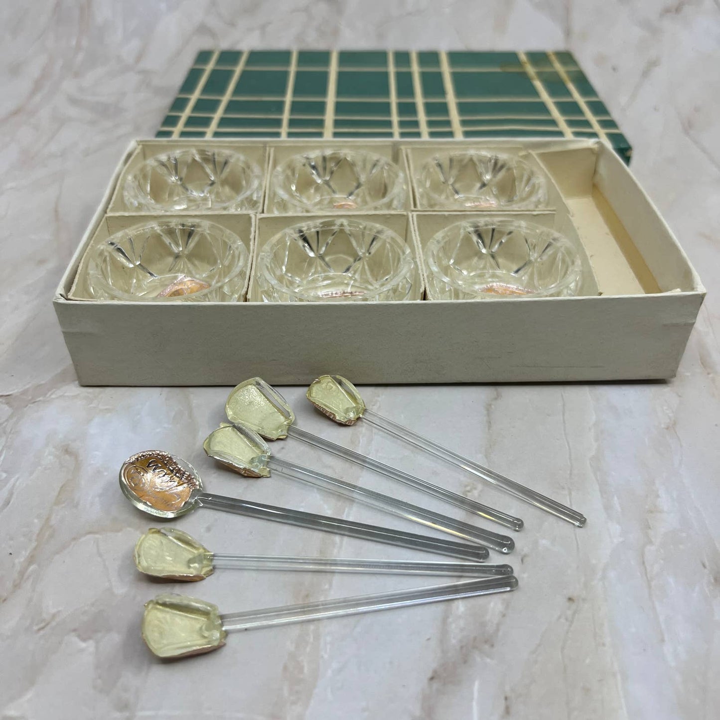 Bohemia Glass Czechoslovakia Crystal Glass Salt Cellar & Spoon Set w Box NOS TK2