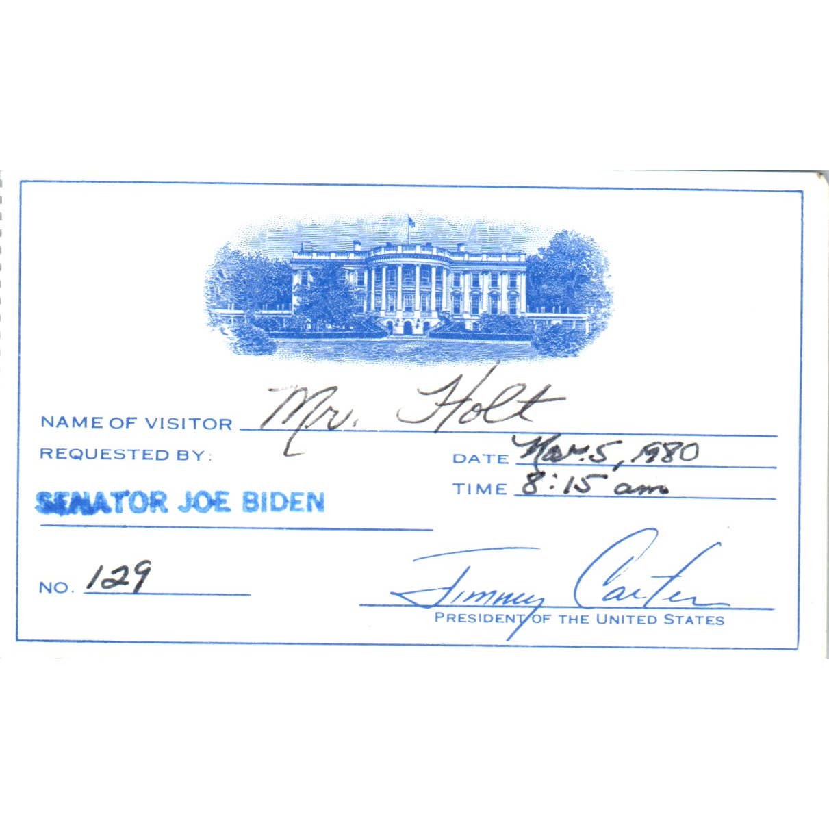 1980 White House Jimmy Carter Official Visitor Pass Requested By Joe Biden SE5