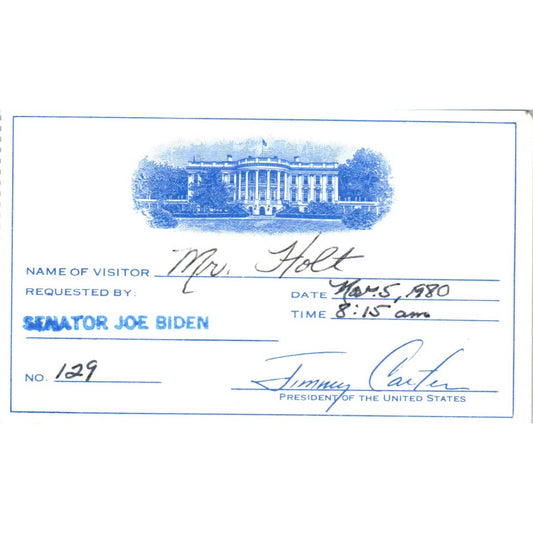 1980 White House Jimmy Carter Official Visitor Pass Requested By Joe Biden SE5