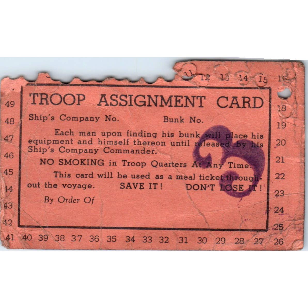 c1945 WWII Troop Assignment Card SE5
