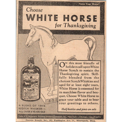 1935 Mpls Journal Newspaper Ad White Horse Scotch Whiskey Thanksgiving FL5-5