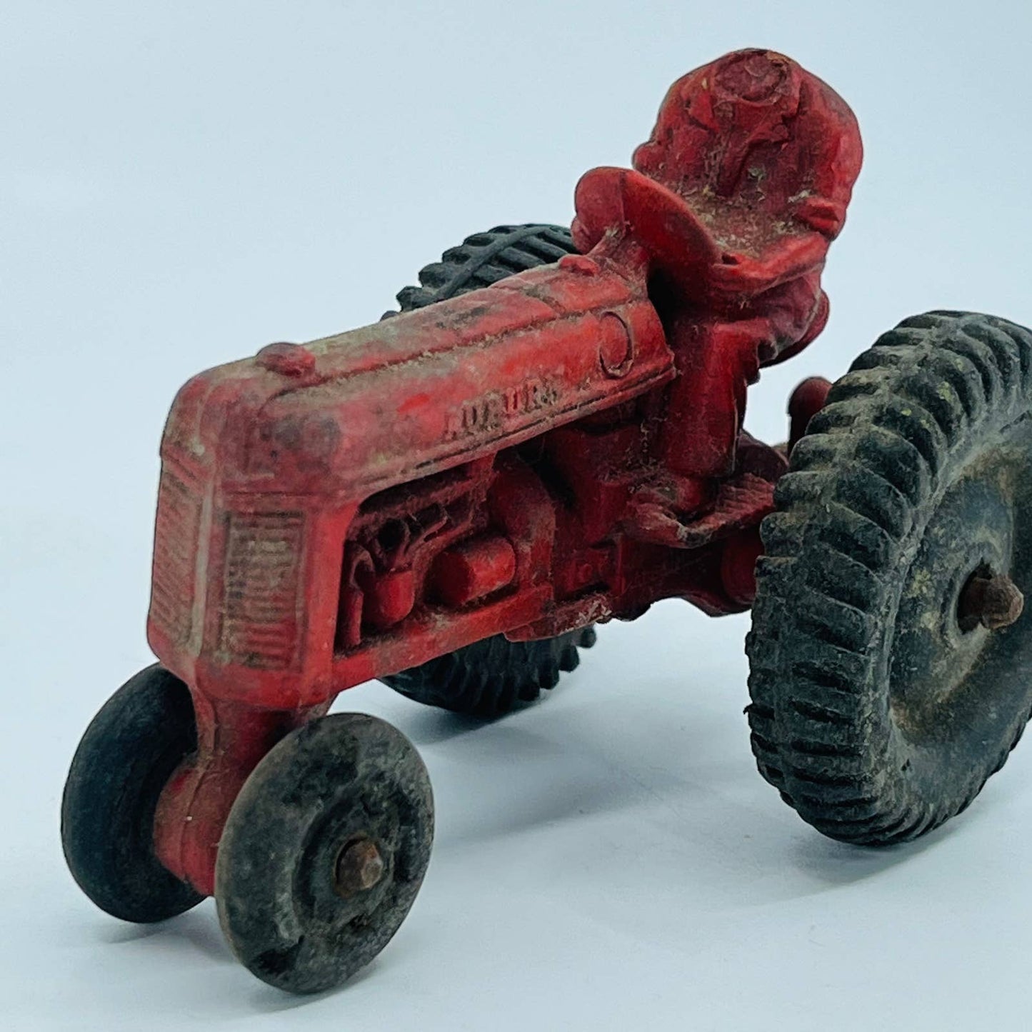 Vintage 1950s Farming Auburn Co Red Rubber Toy Tractor w/ Black Wheels TB6