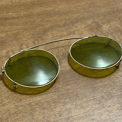 Vintage Art Deco Etched Brass and Olive Green Lens Clip on Sunglasses