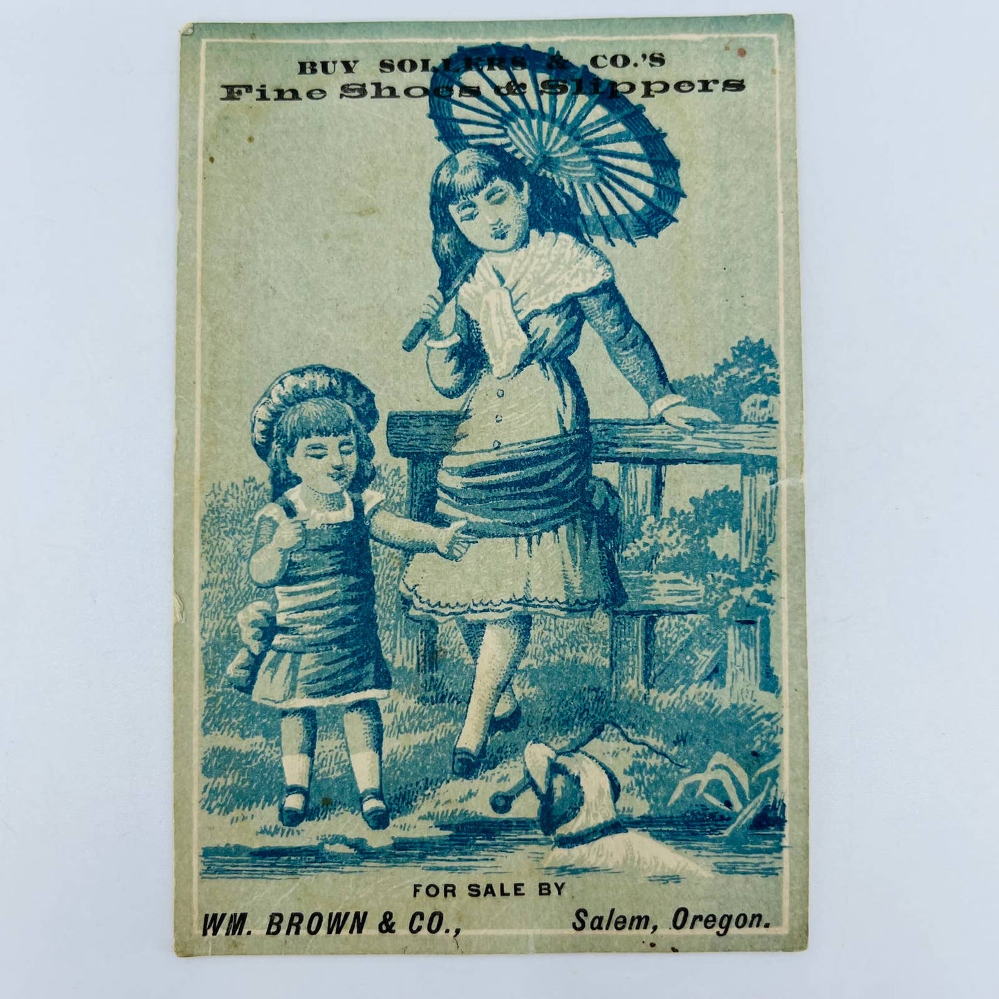 1880s Victorian Trade Card Soller’s & Co Shoes & Slippers WM Brown Salem OR AA2