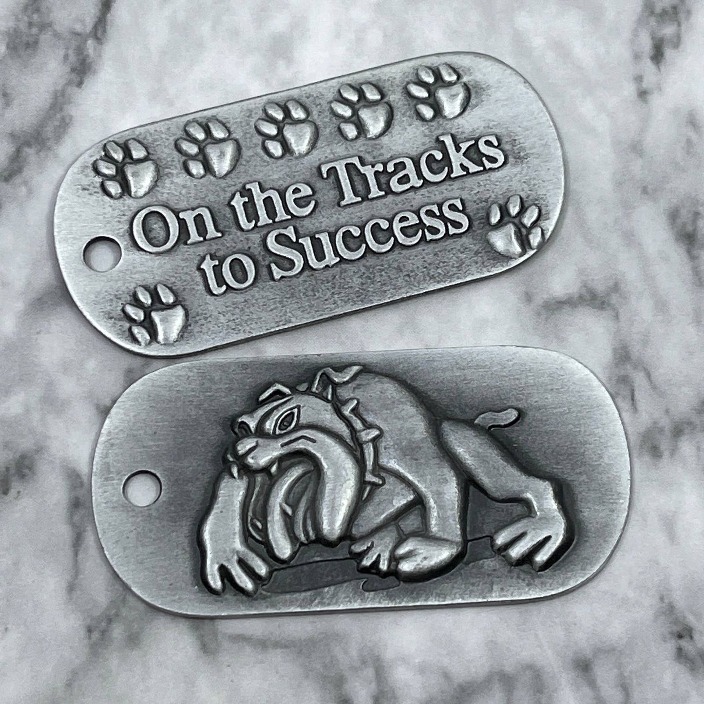 Vintage Novelty Dog Tags Bulldog & On the Tracks to Success SA2