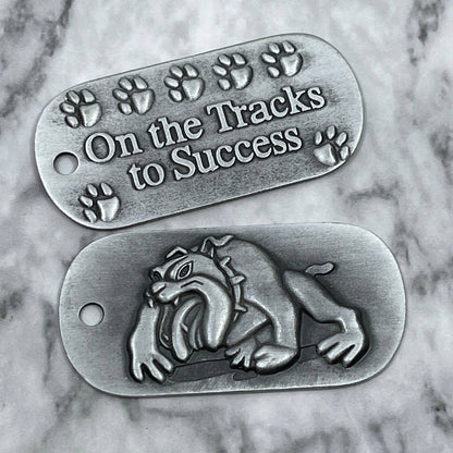 Vintage Novelty Dog Tags Bulldog & On the Tracks to Success SA2