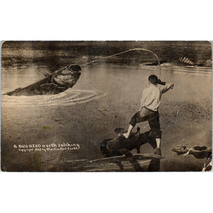 Fishing Giant Bullhead Martin Post Card RPPC 1910 Original Postcard P1-13