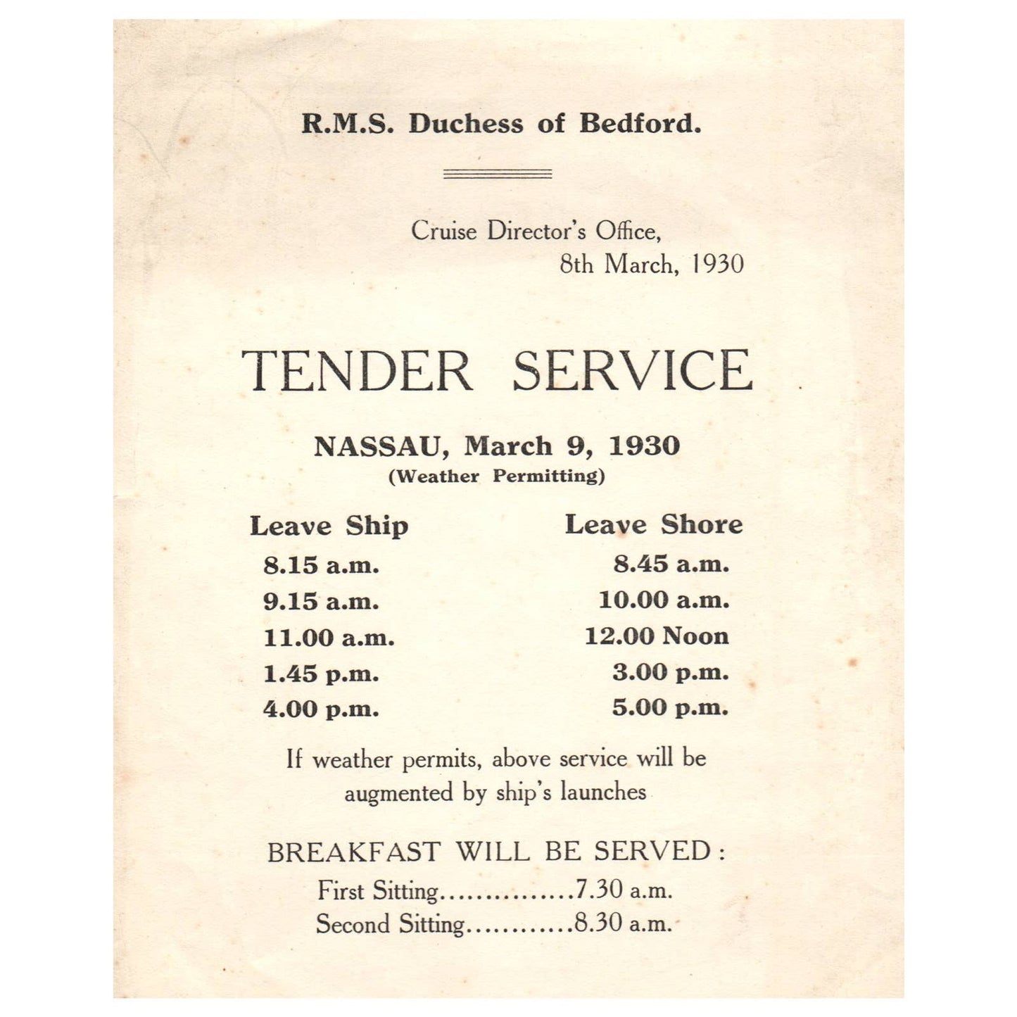 1930 R.M.S. Duchess of Bedford Tender Service Schedule Nassau AD8