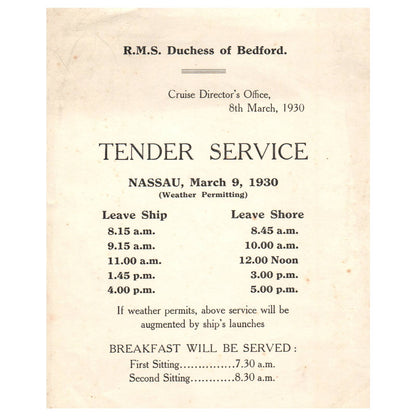 1930 R.M.S. Duchess of Bedford Tender Service Schedule Nassau AD8
