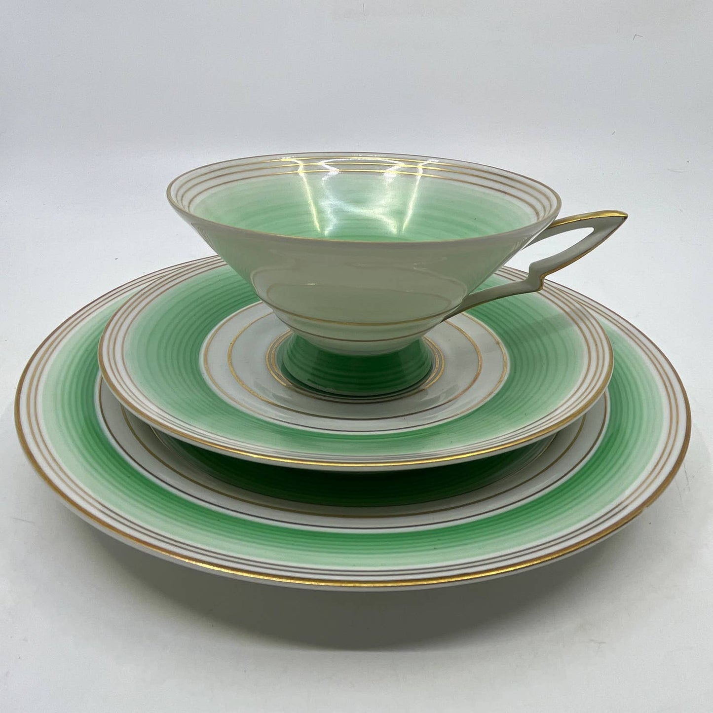 Arzberg Bavaria MCM Green Concentric Rings Trio Tea Cup Saucer Dessert Plate TI3