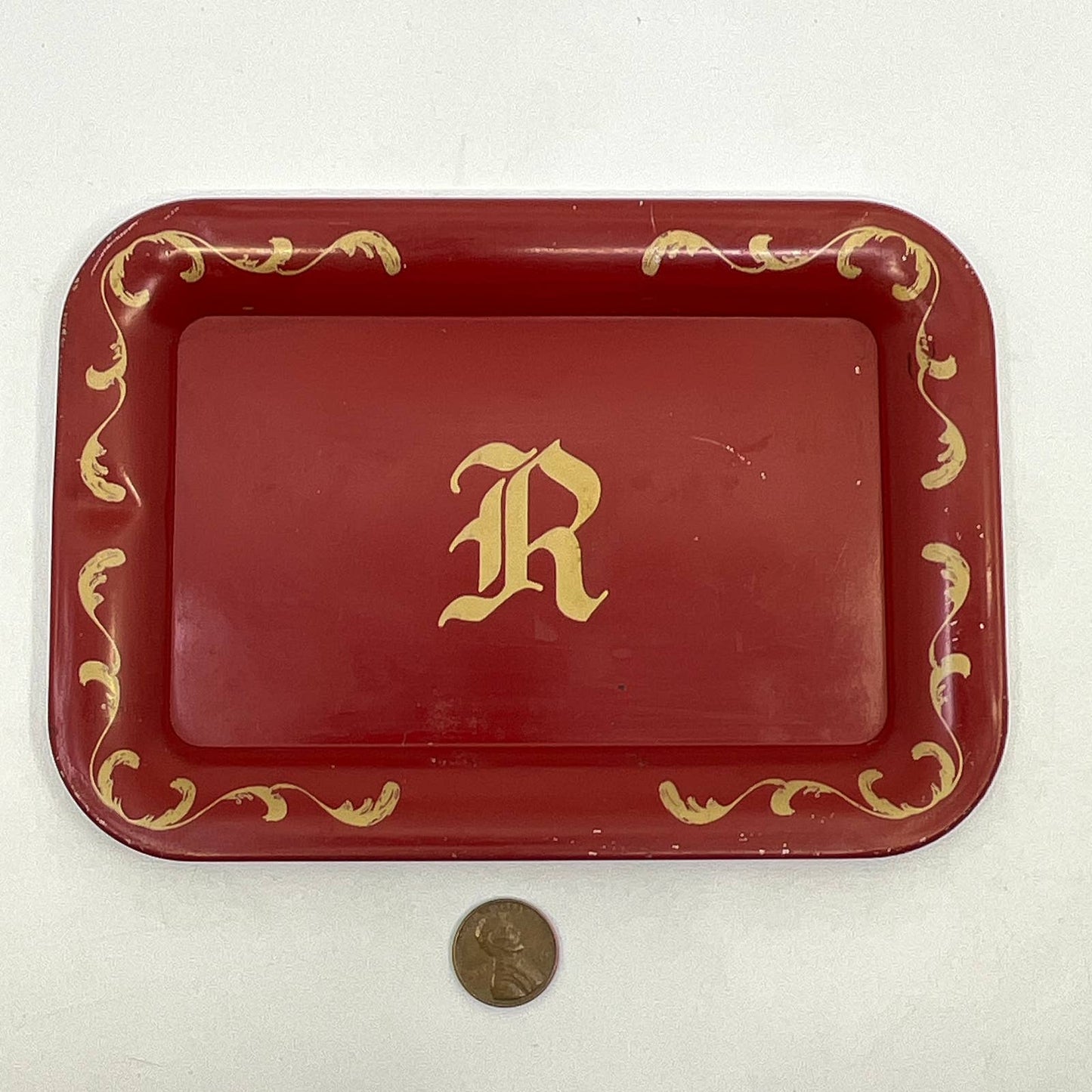Vintage Small Tin Toleware Tray Monogrammed “R” Red ~6.5x4.5” TH2-3
