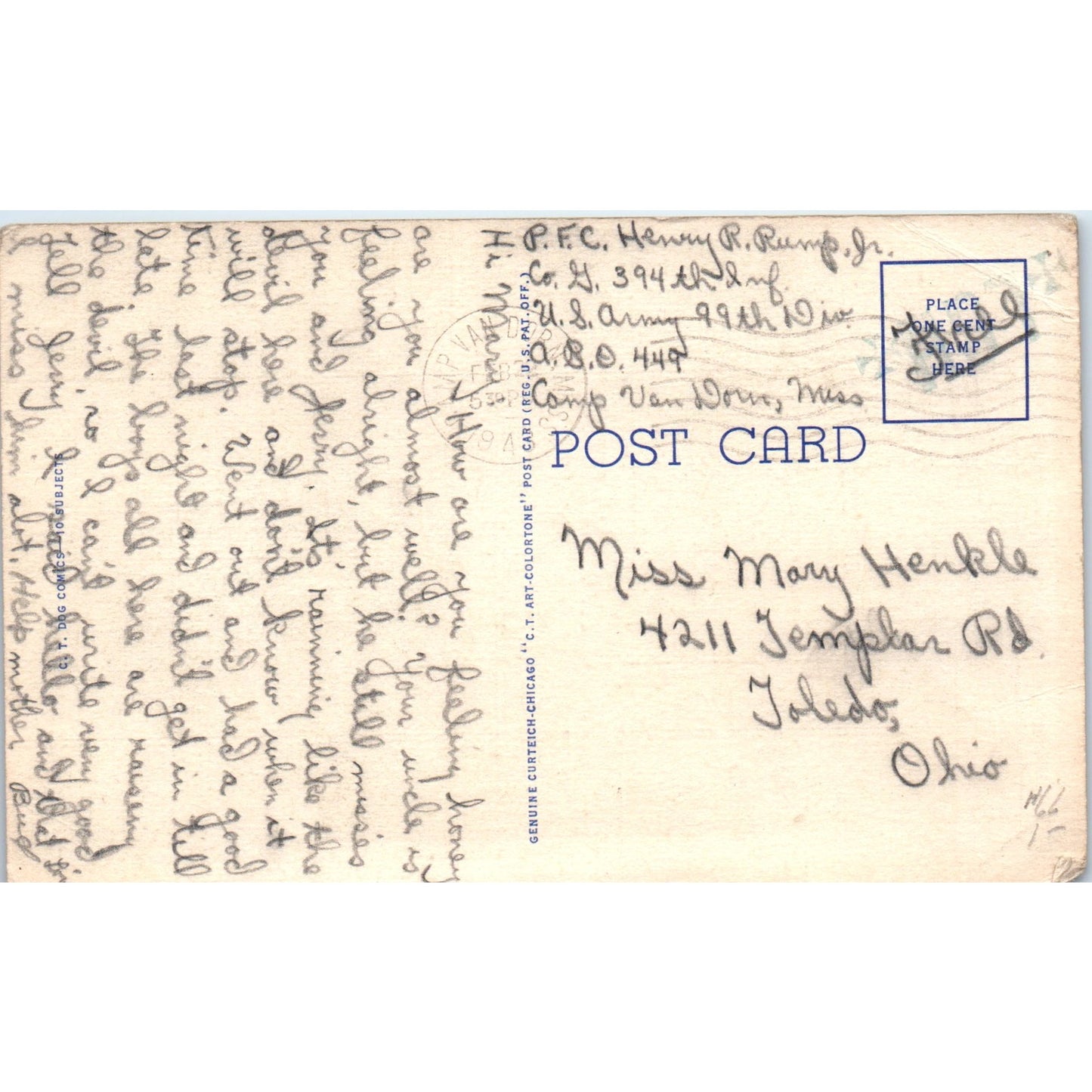 Dog Gone Sorry Camp Van Dorn Cartoon 1943 Original Postcard P1-15