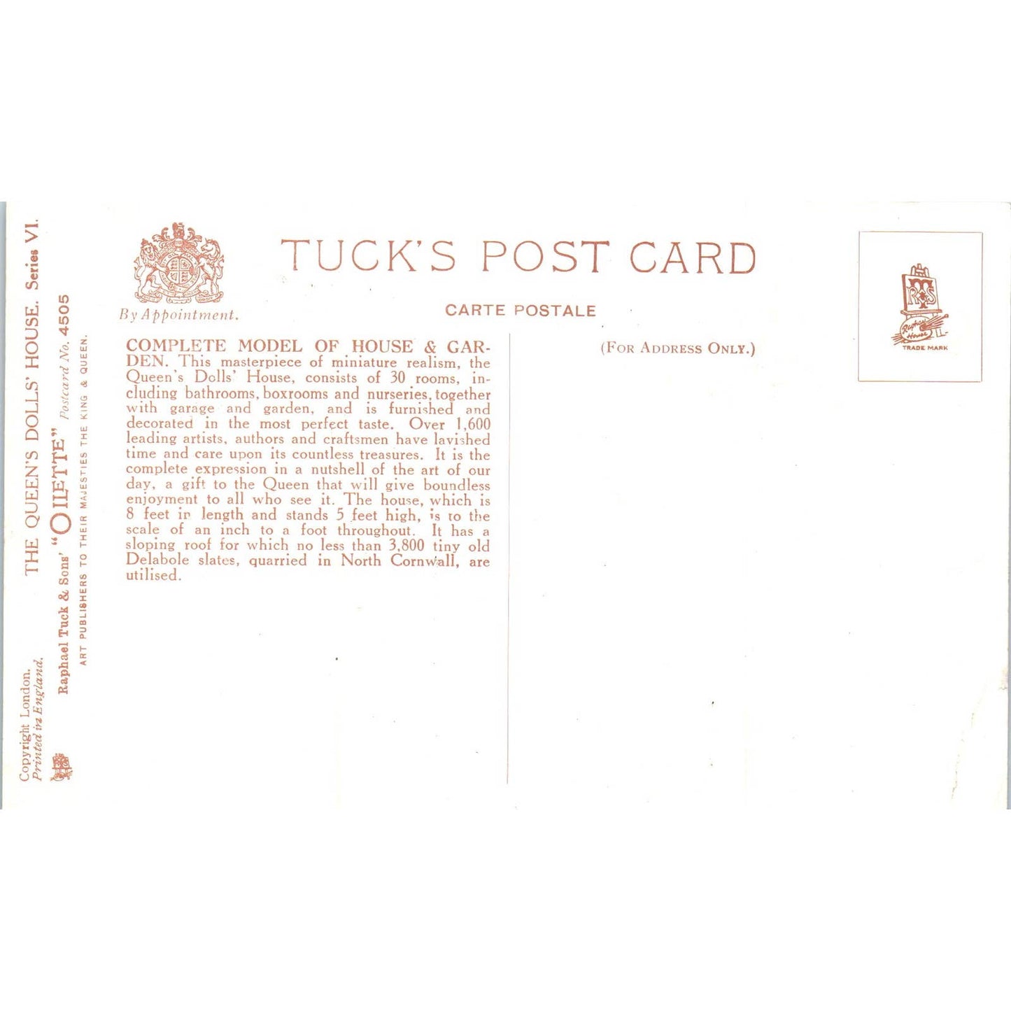 The Queen's Dollhouse Complete Model Raphael Tuck Oilette Postcard TK1-P17