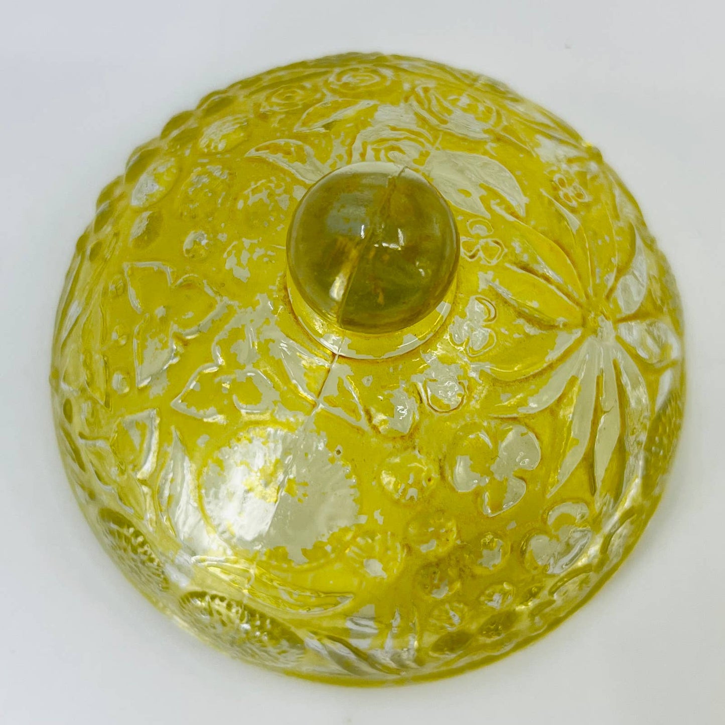 Vintage Avon Yellow Glass Embossed Flower Lidded Footed Compote Dish 6 1/2” TD3