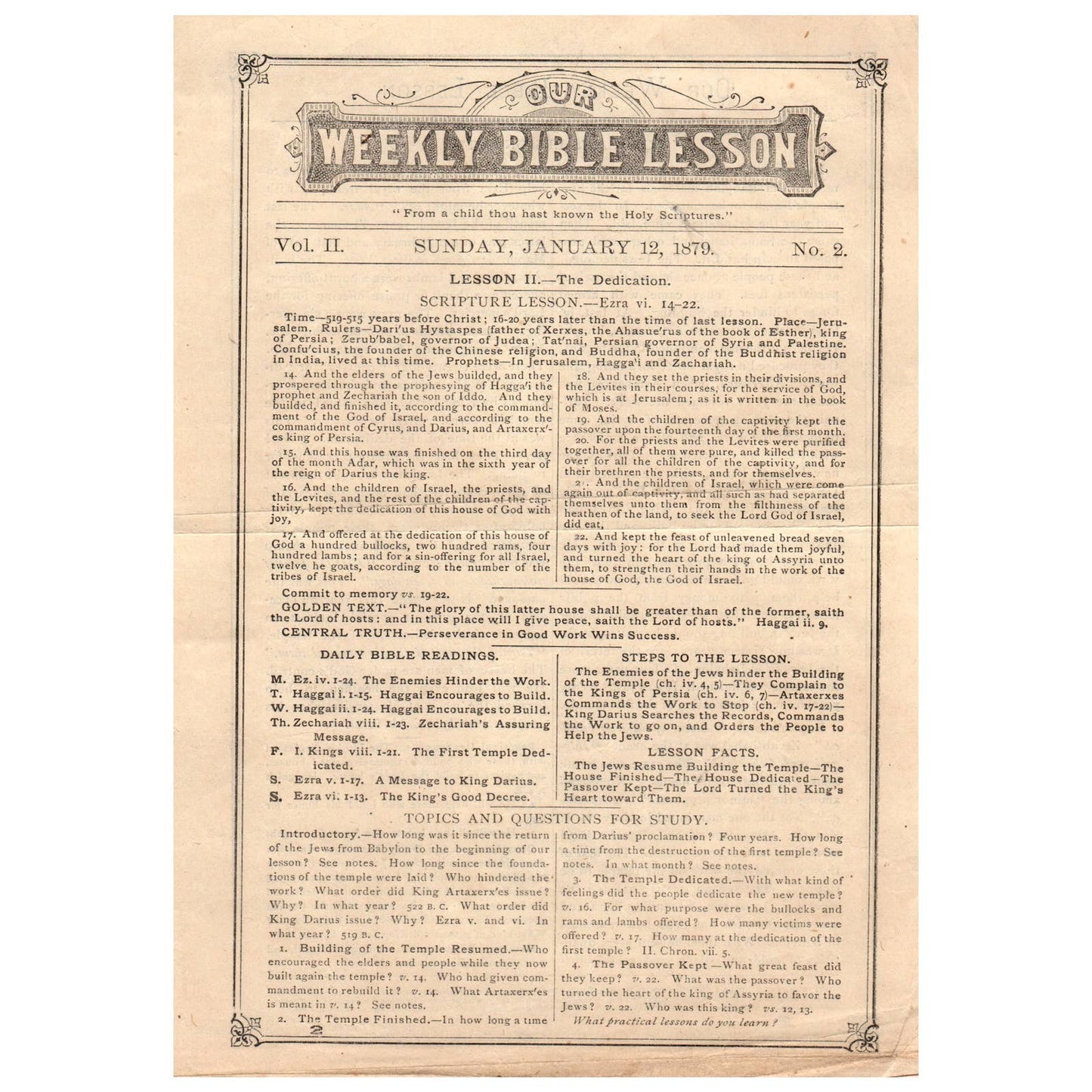 Original 1879 Weekly Bible Lesson Leaf W.J. Shuey Dayton OH Ezra vi. 14-22 AD8