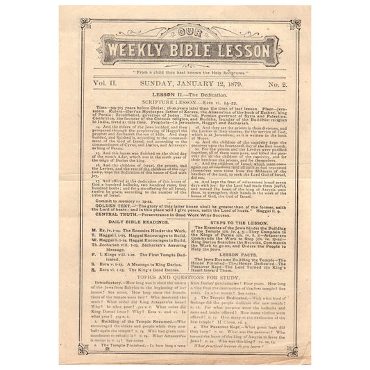 Original 1879 Weekly Bible Lesson Leaf W.J. Shuey Dayton OH Ezra vi. 14-22 AD8